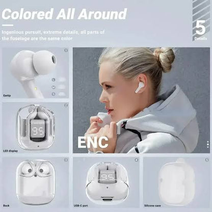 Crystalbeats BT30: Transparent TWS Bluetooth 5.3 Earbuds with Digital Display & Noise Canceling